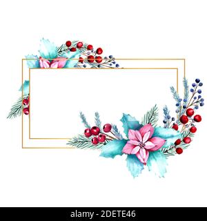 Cornice rettangolare invernale acquerello con bacche, agrifoglio, rami di abete. Illustrazione di Natale disegnata a mano. Per inviti, biglietti d'auguri, stampe Foto Stock