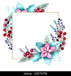 Cornice quadrata invernale acquerello con bacche, fiori di poinsettia, rami di abete. Illustrazione di Natale disegnata a mano. Per inviti, biglietti d'auguri Foto Stock