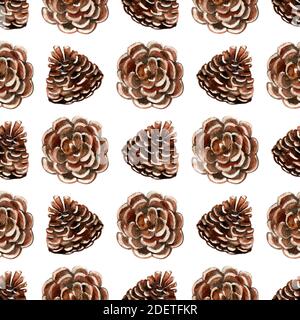 Colore invernale senza cuciture con coni in abete. Illustrazione di Natale disegnata a mano Foto Stock