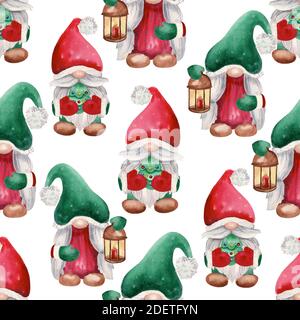 Acquerello invernale motivo senza cuciture con gnome. Illustrazione di Natale disegnata a mano Foto Stock