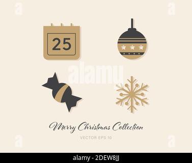 Bello oro di Natale e grigio scuro tema piatto icona pack di 4 disegni su sfondo crema Illustrazione Vettoriale