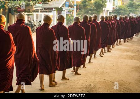 Vista posteriore dei monaci in coda sulla strada ricevere elemosina, Nyaung U, Myanmar Foto Stock