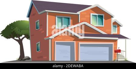 Edificio vettoriale, moderno cottage illustrazione in prospettiva con albero verde, palo rosso in stile cartoon. Casa di famiglia fuori della città in Illustrazione Vettoriale