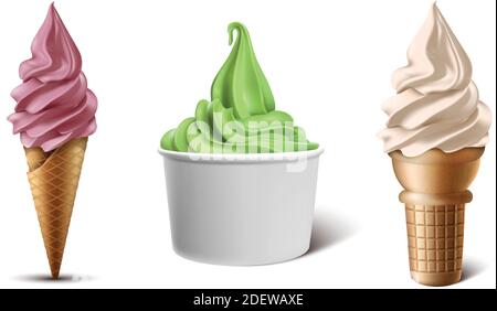 collezione vettoriale 3d realistica di yogurt o gelato surgelato da servire morbido in cono di waffle, tazza o recipiente di carta dal sapore di bacche, matcha o vaniglia. Illustrazione Vettoriale