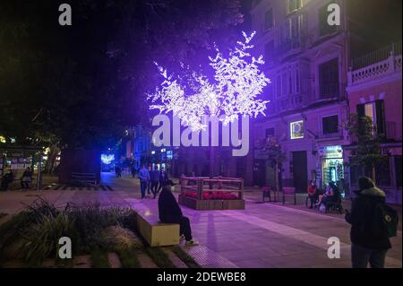 Malaga, Spagna. 01 dicembre 2020. Un uomo anziano è visto seduto su una panchina accanto ad un albero di Natale illuminato sulla via Alameda Principal. Il governo andaluso dice che la regione ha battuto la curva della seconda ondata. Nel tentativo di prevenire la diffusione della malattia del coronavirus, l'Andalusia manterrà la continuità delle restrizioni obbligatorie fino al 10 dicembre. Credit: SOPA Images Limited/Alamy Live News Foto Stock