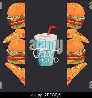 hamburger e porzioni di pizza con una deliziosa bevanda analcolica icona fast food disegno di illustrazione vettoriale Illustrazione Vettoriale