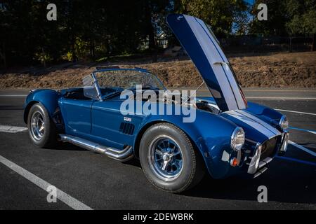 Placerville, Stati Uniti d'America - 25 novembre 2020: Classica auto muscolare americana rara, convertibile vintage blu 1967 Ford Shelby Cobra 427 Foto Stock