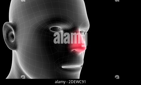 illustrazione 3d di un ologramma a raggi x maschile che mostra l'area del dolore sull'area della testa Foto Stock