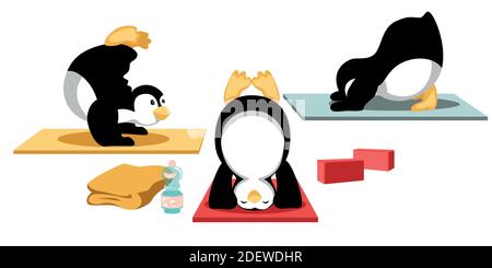 Inversione equilibrando Yoga con i pinguini di Cartoon Illustrazione Vettoriale