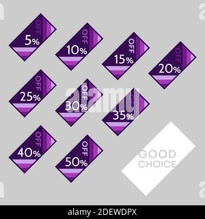 Set di etichette di sconto modificabili con simboli di percentuale. Semplicità geometrica - design universale per negozi web, adesivi stampati, etichette, prezzi, cattivo Illustrazione Vettoriale