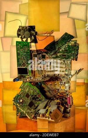 Collage di forme astratte fatte di schede a circuito stampato per computer, stilizzazione Foto Stock