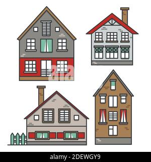 Set di case in stile europeo tradizionale nella città vecchia. Quartiere suburbano. Colorata strada tradizionale. Illustrazione vettoriale Illustrazione Vettoriale