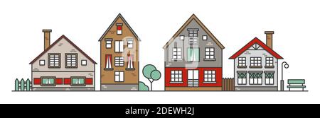 Case in stile europeo tradizionale nella città vecchia. Quartiere suburbano. Colorata strada tradizionale. Illustrazione vettoriale isolata su sfondo bianco. Illustrazione Vettoriale