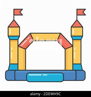Bouncy castello gonfiabile. Torre e attrezzature per il parco giochi per bambini. Illustrazione della linea vettoriale isolata su sfondo bianco. Illustrazione Vettoriale