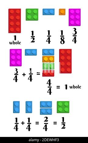 Imparare le frazioni matematiche con i blocchi costruttori. Per scolari. Illustrazione vettoriale Illustrazione Vettoriale