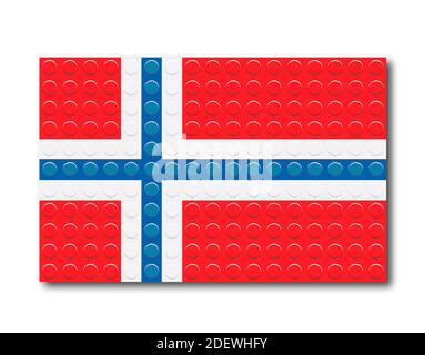 Bandiera norvegese con pixel da parti da costruzione. L'illustrazione vettoriale è isolata su uno sfondo bianco. Illustrazione Vettoriale