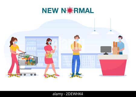 Nuova illustrazione concetto normale con le persone che indossano maschera facciale e mantenere la distanza in supermercato per proteggere COVID-19 epidemia di influenza Coronavirus, peop Illustrazione Vettoriale