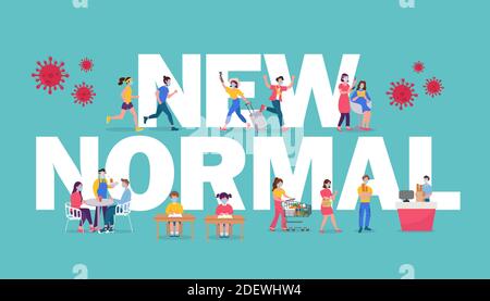 Nuova illustrazione di concetto normale con i popoli piccoli che fanno le attività con la prevenzione della maschera di faccia dall'epidemia di malattia. Nuova normalità dopo la pandemia di Covid-19 Illustrazione Vettoriale