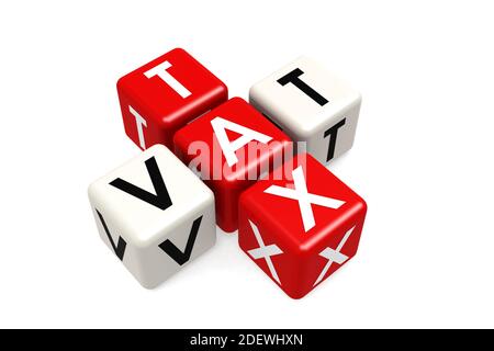 IVA cubo fiscale crossword su sfondo bianco, rendering 3D Foto Stock