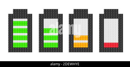 Set di icone della batteria con diversi livelli di carica su sfondo bianco. Indicatore della batteria con giocattolo a blocchi di mattoni. Illustrazione vettoriale isolata in bianco Illustrazione Vettoriale