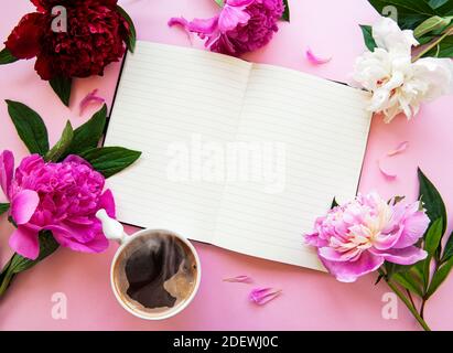 Peonie con blocco note e una tazza di caffè su un sfondo rosa pastello Foto Stock