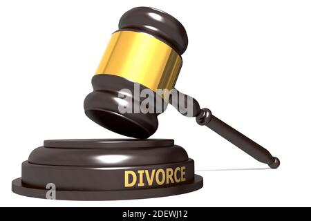 Gavel giudice di legno con divorzio parola, 3d rendering Foto Stock