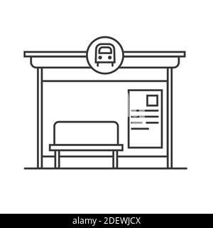 Illustrazione della linea vettoriale della fermata dell'autobus. Stazione dei trasporti pubblici, terminal degli autobus. Immagine vettoriale isolata su sfondo bianco Illustrazione Vettoriale