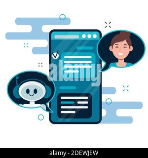 Concetto chatbot. Utenti che chattano con un simpatico chatbot robot sullo smartphone. Illustrazione vettoriale di cartoni animati piatti per sito, banner, web, applicazione mobile è Illustrazione Vettoriale