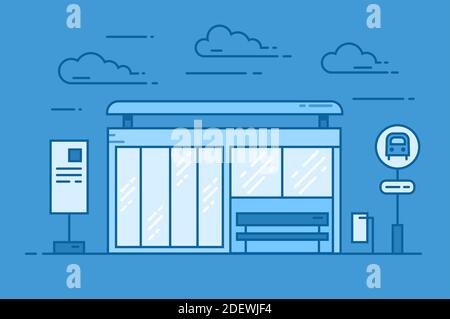 Illustrazione colorata della linea vettoriale della fermata dell'autobus. Stazione dei trasporti pubblici, terminal degli autobus. Illustrazione vettoriale su sfondo blu. Illustrazione Vettoriale