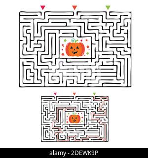 Labirinto rettangolare Halloween gioco labirinto per bambini. Logica labirintica. Tre ingressi e una strada a destra per andare. Immagine piatta vettoriale Illustrazione Vettoriale