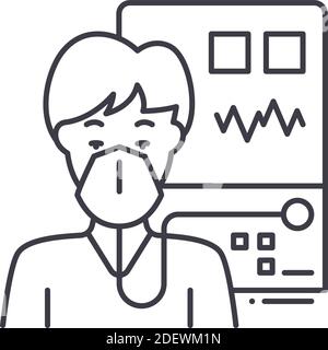 Icona del ventilatore medico, illustrazione isolata lineare, vettore a linee sottili, simbolo di disegno web, simbolo di concetto di contorno con tratto modificabile su bianco Illustrazione Vettoriale