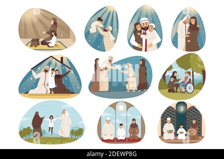 Islam, famiglia, religione insieme concetto. Collezione di musulmani arabi uomini donne bambini che abbracciano pregare camminando insieme. Festa dei padri e delle madri o festa islamica tradizionale del Ramadan. Illustrazione Vettoriale