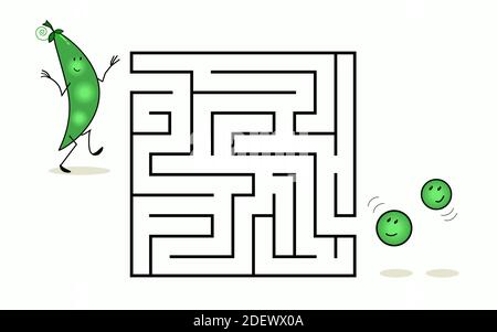 Labirinto di labirinti quadrati con personaggi cartoni animati. Carino pod verde pisello. Interessante gioco per bambini. Foglio di lavoro per l'istruzione. Illustrazione Vettoriale