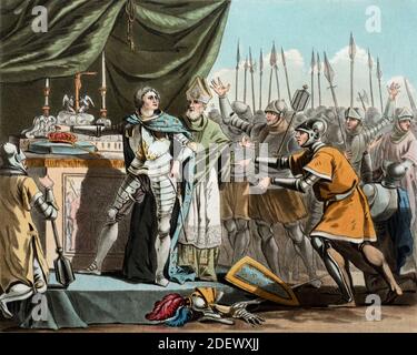 Re Filippo II di Francia, Filippo Augusto (1165-1223) Re di Francia nella battaglia di Bouvines (27 luglio 1214) una vittoria francese decisiva durante la guerra anglo-francese (engler 1790) (Desfontaines,Moret) incisione o illustrazione Foto Stock