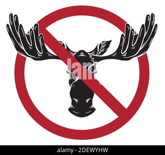 Divieto di caccia. Sagoma nera di una testa alata con antlers in un cartello rosso di divieto. Segno vettoriale per icone, adesivi, badge e il tuo design Illustrazione Vettoriale