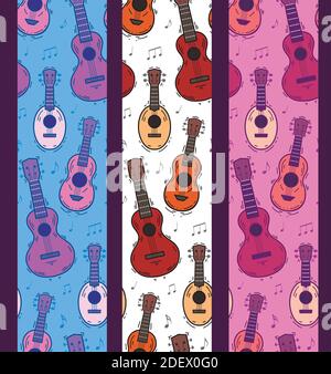 Set di bordi verticali senza giunture con ukulele di contorno, note musicali su vari sfondo. Musica hawaiana. Strumento musicale a corda. Too senza cuciture Illustrazione Vettoriale