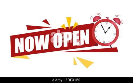 Nastro rosso ora aperto. Elemento banner Web moderno. Offerta di base della promozione. Banner vettoriale in stile moderno e piatto su bianco. Illustrazione Vettoriale
