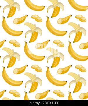 Cartoon modello senza giunture con varie banane succose su sfondo bianco. Frutta tropicale alla moda. Modello vettoriale per tessuti, sfondi e la vostra crema Illustrazione Vettoriale