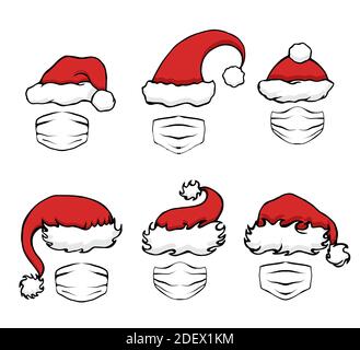 Cappelli Cartoon Babbo Natale con maschere facciali protettive. Natale è in quarantena. Vacanza sicura durante una pandemia. Insieme di oggetti vettoriali per loghi, icone Illustrazione Vettoriale