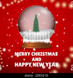 Decorazioni con palla di neve all'albero di Natale. Buon Natale e Felice Anno Nuovo. Realistico Snow Globe su sfondo rosso festivo. Giocattoli invernali. Volare Illustrazione Vettoriale