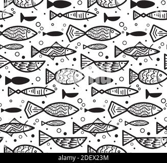 Contorno boho senza cuciture con pesci doodle e bolle galleggianti a destra. Mondo lagunare sottomarino. Texture vettoriale per tessuti, wallp Illustrazione Vettoriale