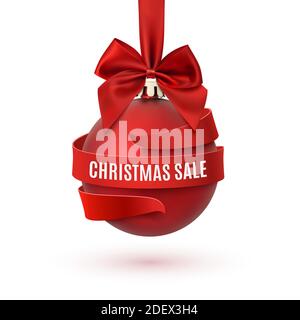 Vendita di Natale, decorazione con arco rosso e nastro. Illustrazione Vettoriale