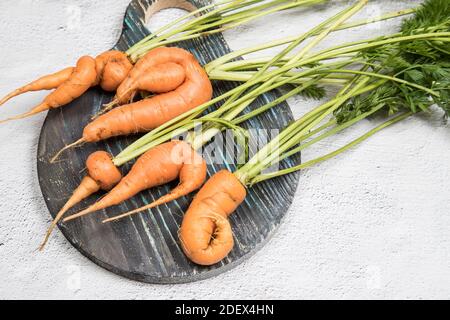 Cinque radici di carota brutto su una tavola rotonda di legno. Foto Stock