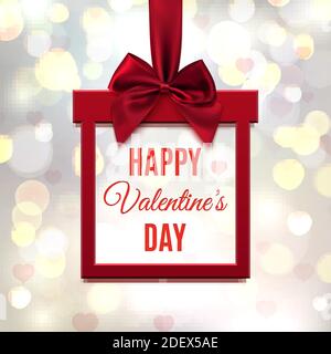 Buon giorno di San Valentino, rosso, banner quadrato in forma di regalo. Illustrazione Vettoriale