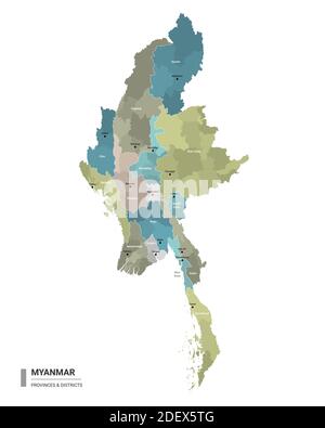 Myanmar higt Mappa dettagliata con suddivisioni. Mappa amministrativa di Myanmar con i distretti e le città nome, colorato per stati e quartiere amministrativo Illustrazione Vettoriale