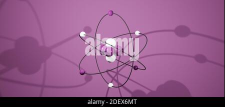 Modello 3D di un atomo con nucleo, elettroni, protoni e neutroni orbitanti, percorso circolare, rappresentazione grafica di cgi, sfondo viola, rendering Foto Stock