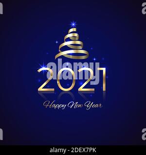 Anno nuovo 2021. Oro lucido 2021 con nastro su sfondo blu. Design di Capodanno per invito, biglietto d'auguri, calendario. Logo oro lucido. holiday gre Illustrazione Vettoriale