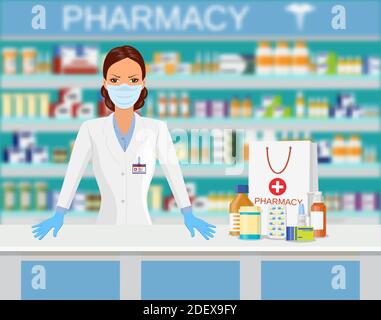 Moderna farmacia o farmacia interna. Illustrazione Vettoriale