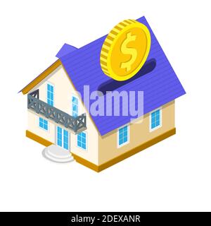 moneta in oro isometrica che cade in casa Illustrazione Vettoriale