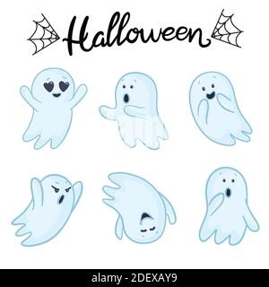 Set di fantasmi. Halloween concezione. Illustrazioni cartoni animati vettoriali. Oggetti isolati su sfondo bianco. Stile disegnato a mano. Illustrazione Vettoriale